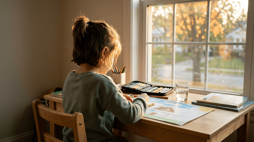 Child drawing a house with crayons at a desk by a window