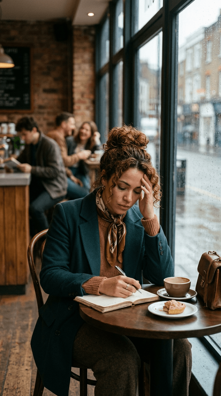 Woman writing in a journal at a cafe table with coffee and pastry on a rainy day
