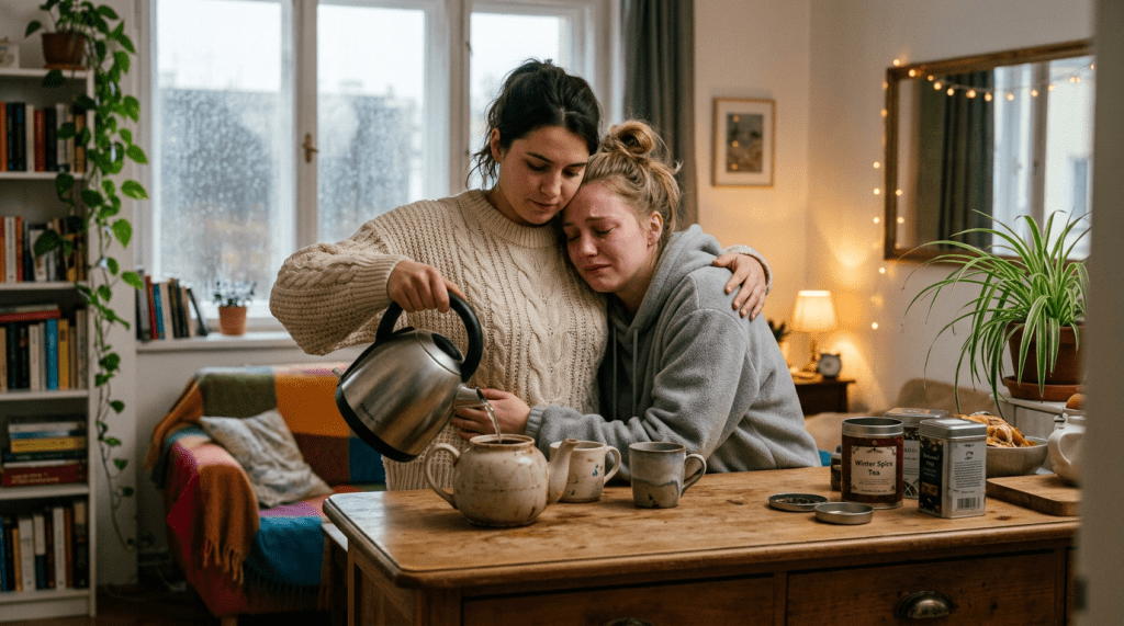 One person pouring hot water into a teapot while comforting a crying person in a cozy room