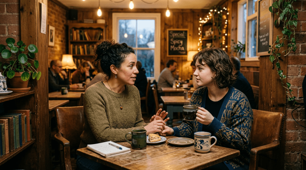 Two women talking over coffee at a wooden table inside a café