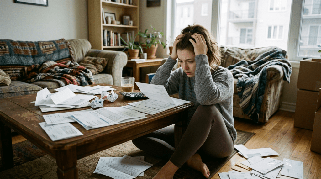 Woman sitting on floor at coffee table with bills and documents, holding head in hands