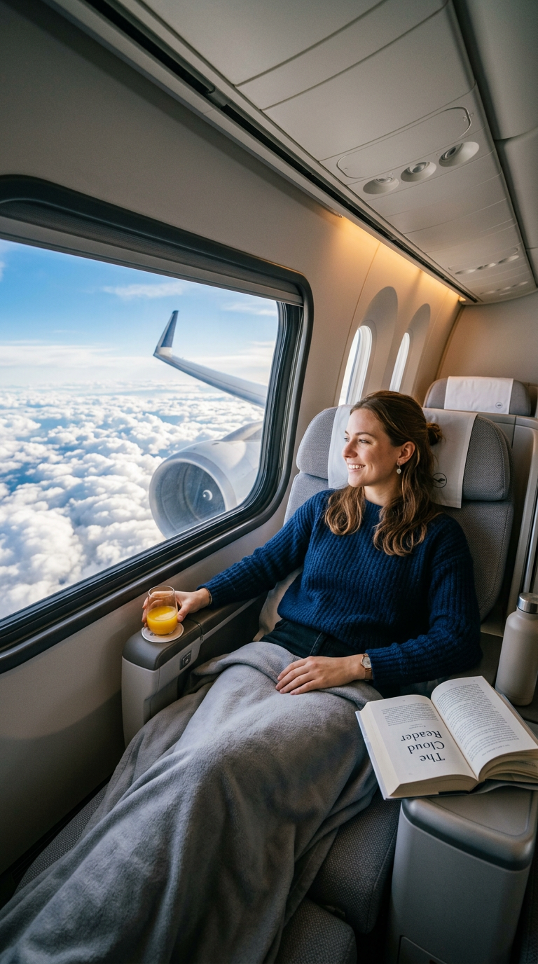 Woman seated on airplane, holding glass of orange juice, looking out window over clouds and wing