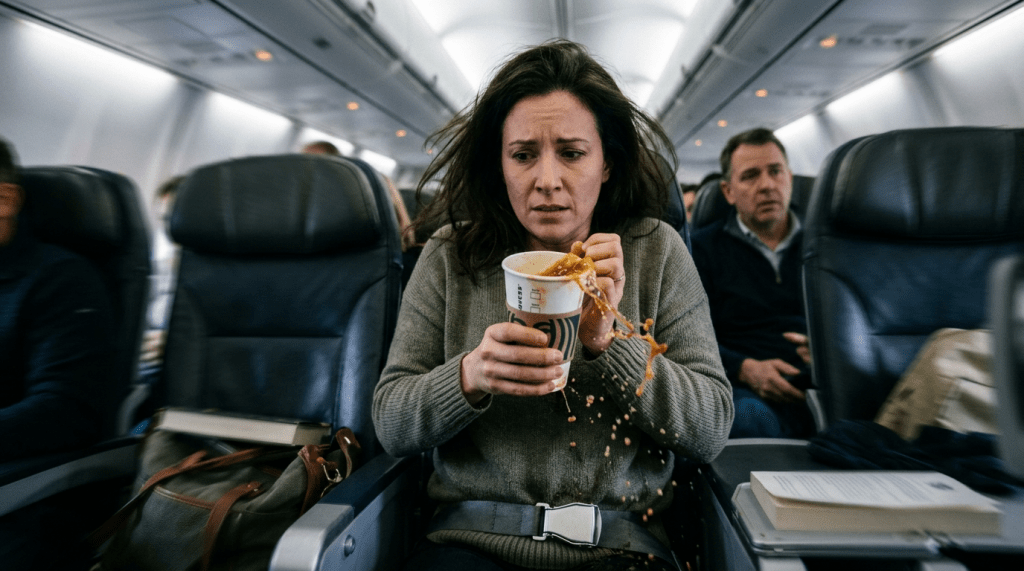 Woman spilling coffee inside airplane passenger seat