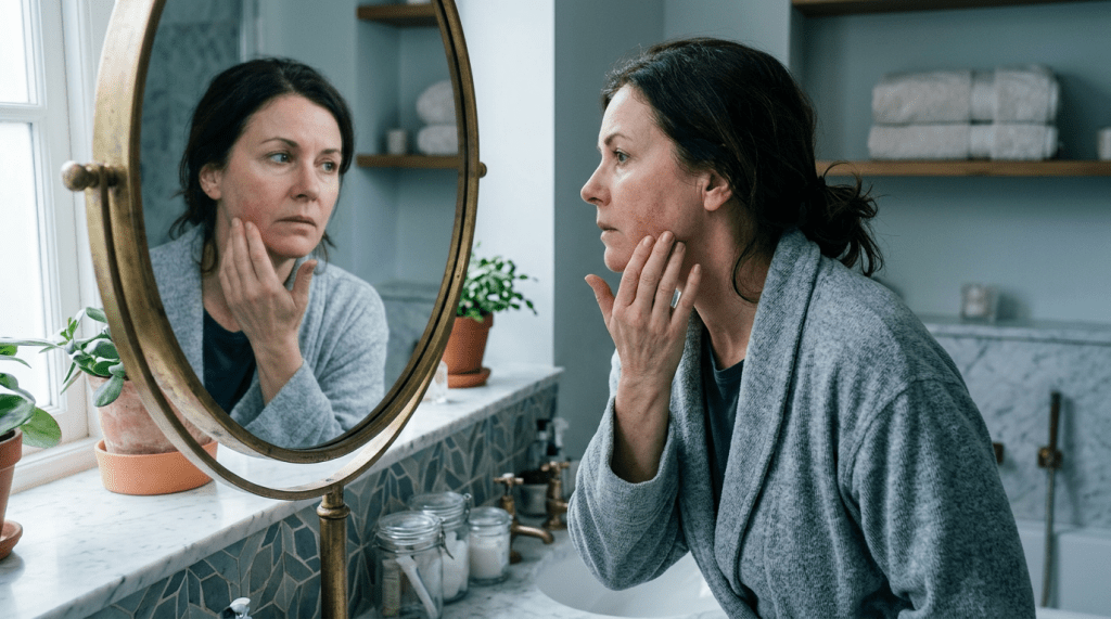 Middle-aged woman touching red skin on her cheek while looking in bathroom mirror