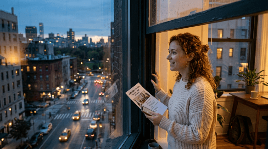 Woman holding apartment flyer and phone looking out city window at dusk