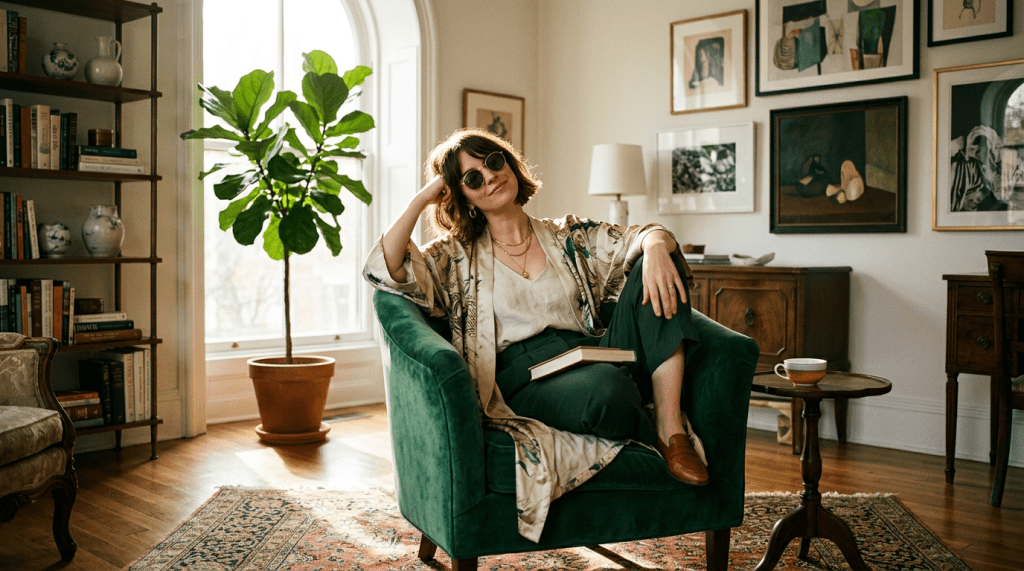 Woman in sunglasses sitting in green armchair holding a book in a well-lit living room