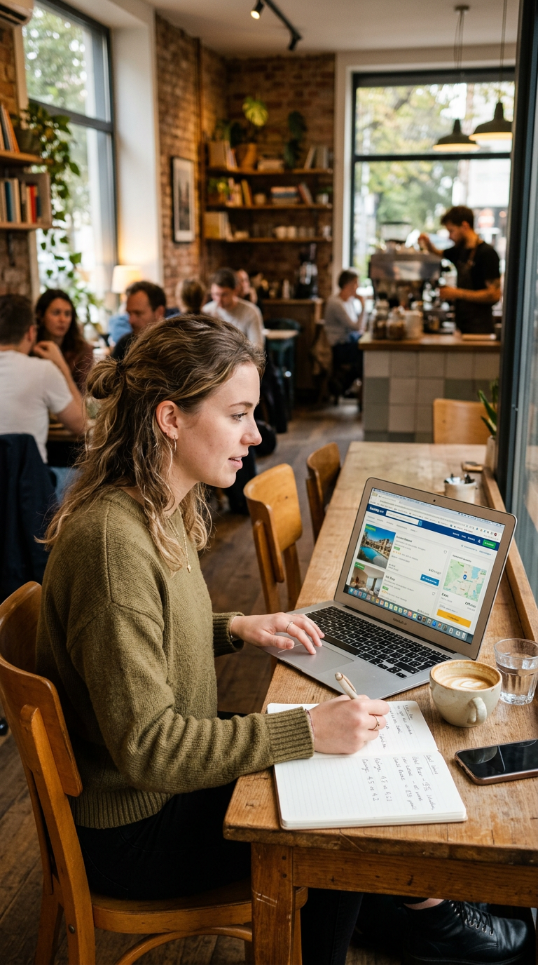 Woman using laptop and writing in notebook at a café table with coffee cup