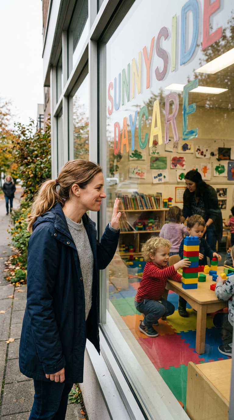 Woman looking and waving through window at children playing with blocks inside daycare