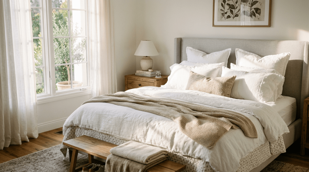 A bright bedroom with a large bed, multiple white pillows, beige throw blanket, wooden bench, nightstand with lamp, and large window with sheer curtains