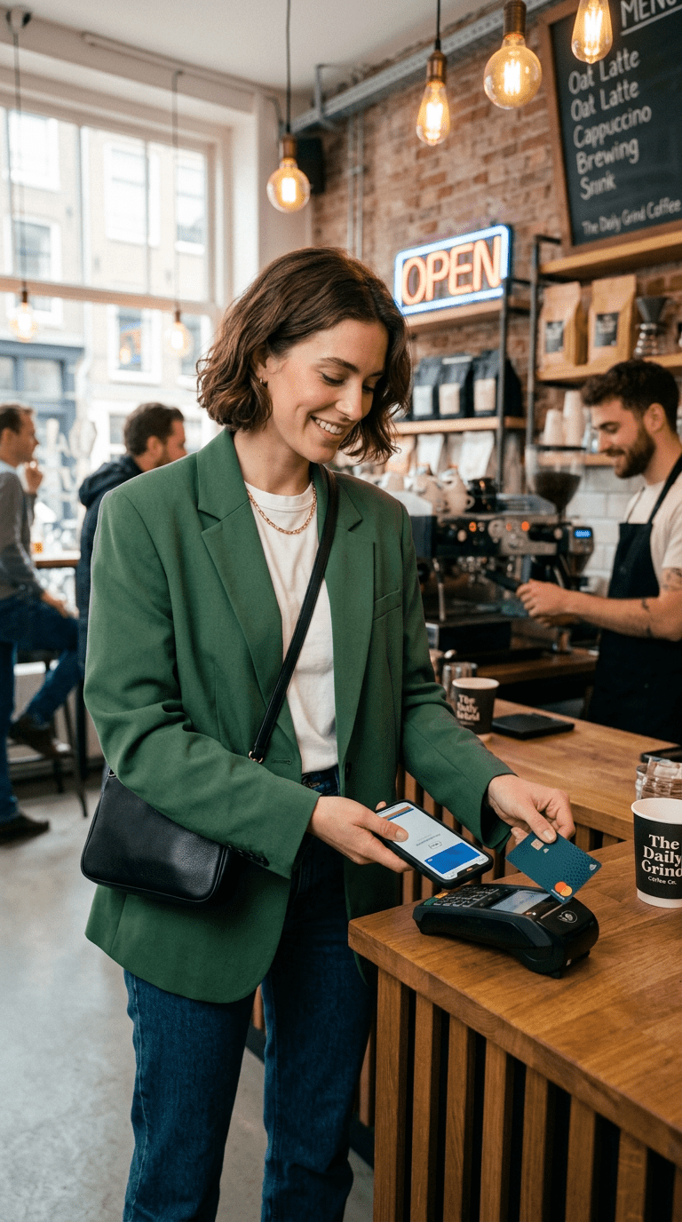 Woman paying with card and phone at coffee shop counter