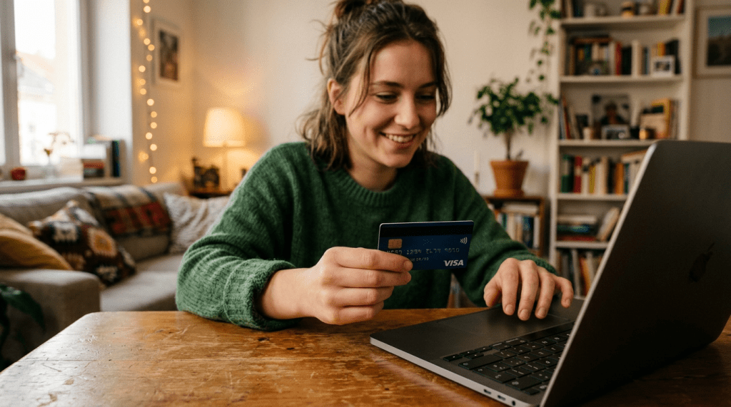 Woman holding blue Visa credit card and using laptop for online purchase