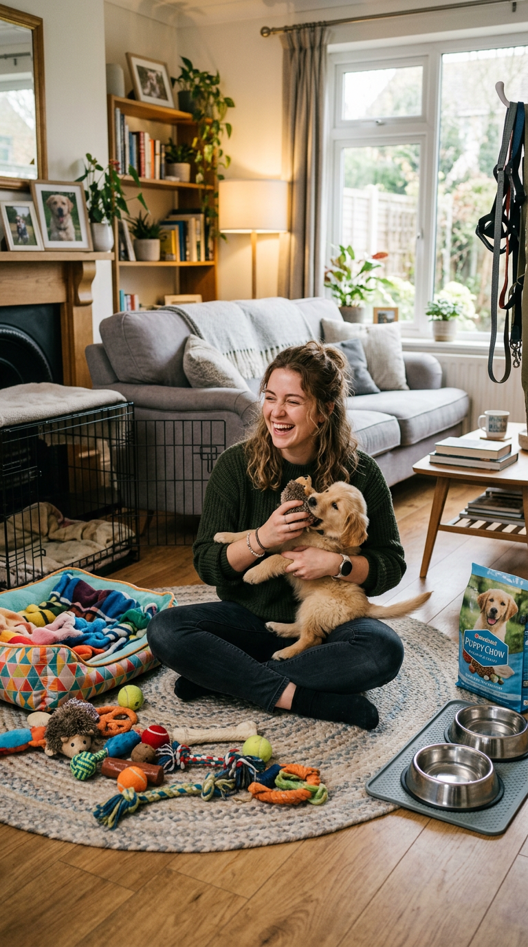 Woman sitting on rug playing with a golden retriever puppy indoors