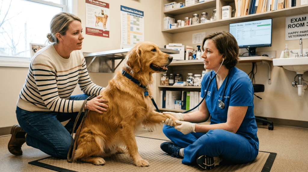 Veterinarian in blue scrubs using a stethoscope on golden retriever's paw while owner kneels beside dog
