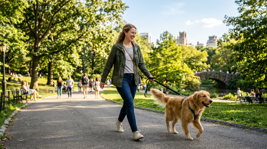Woman walking a golden retriever on a paved path in a green city park