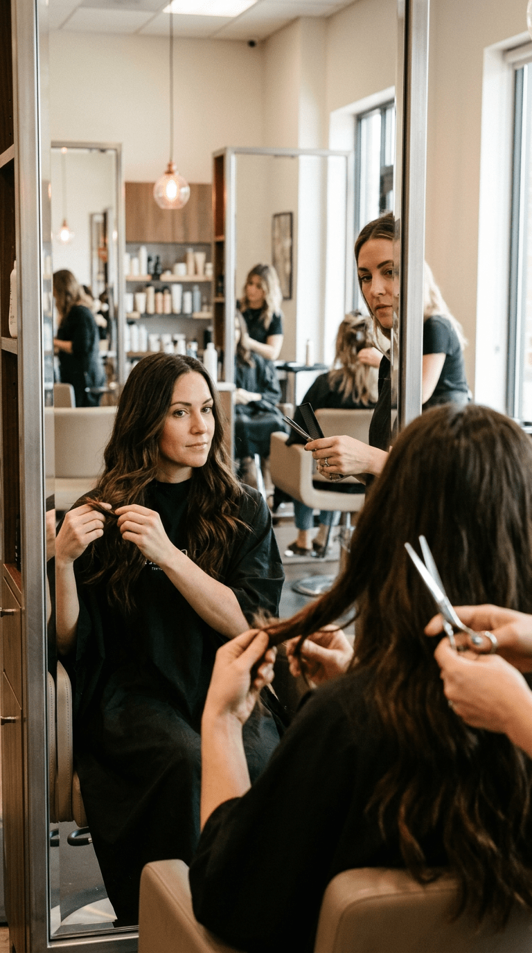 Woman sitting in salon chair holding her hair before a haircut with stylist holding scissors and comb