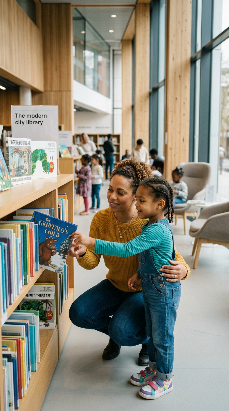 Mother and daughter selecting a children's book in a modern library