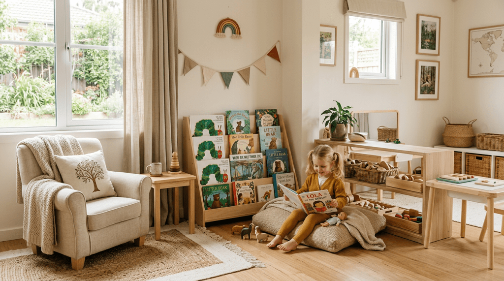 Young girl sitting on cushion reading book in bright playroom with wooden furniture and toys