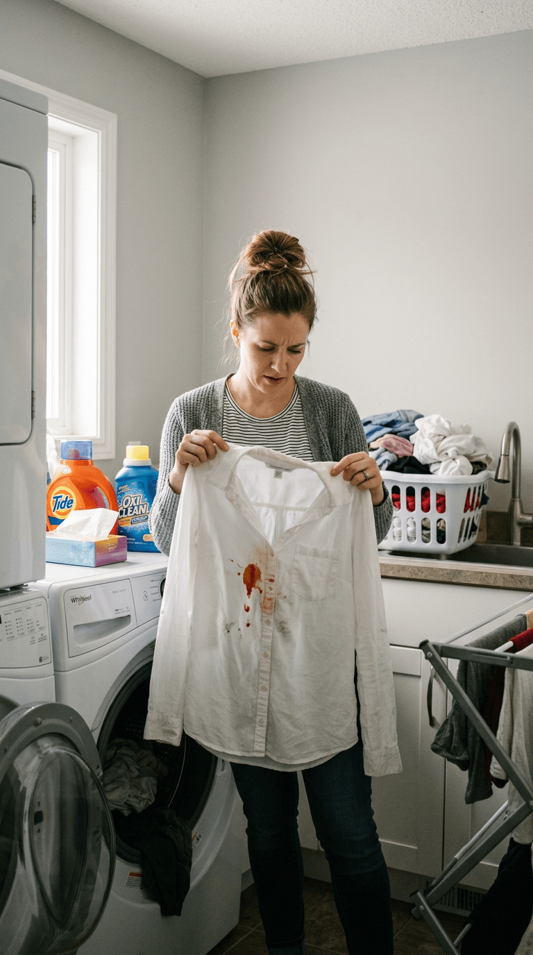 Woman holding a white shirt with visible brown stains in a laundry room