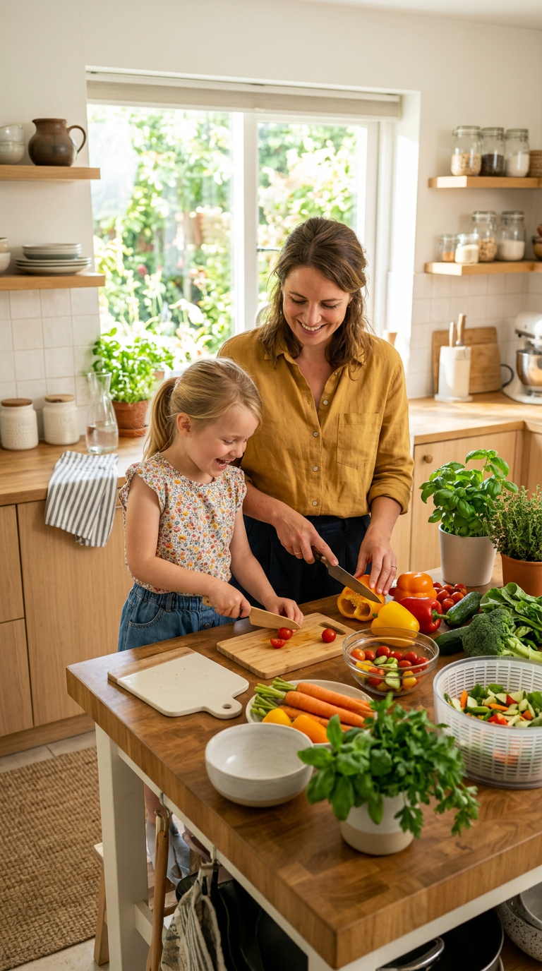 Mother and daughter cutting vegetables on wooden cutting boards in a kitchen