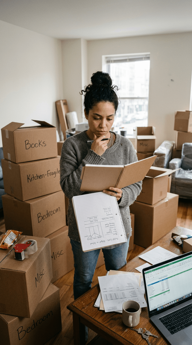 Woman reviewing moving inventory and notes among packed boxes