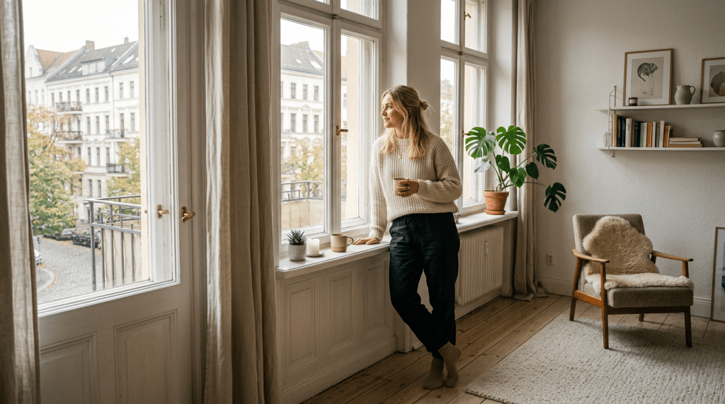 Woman standing by large living room window with coffee cup in hand