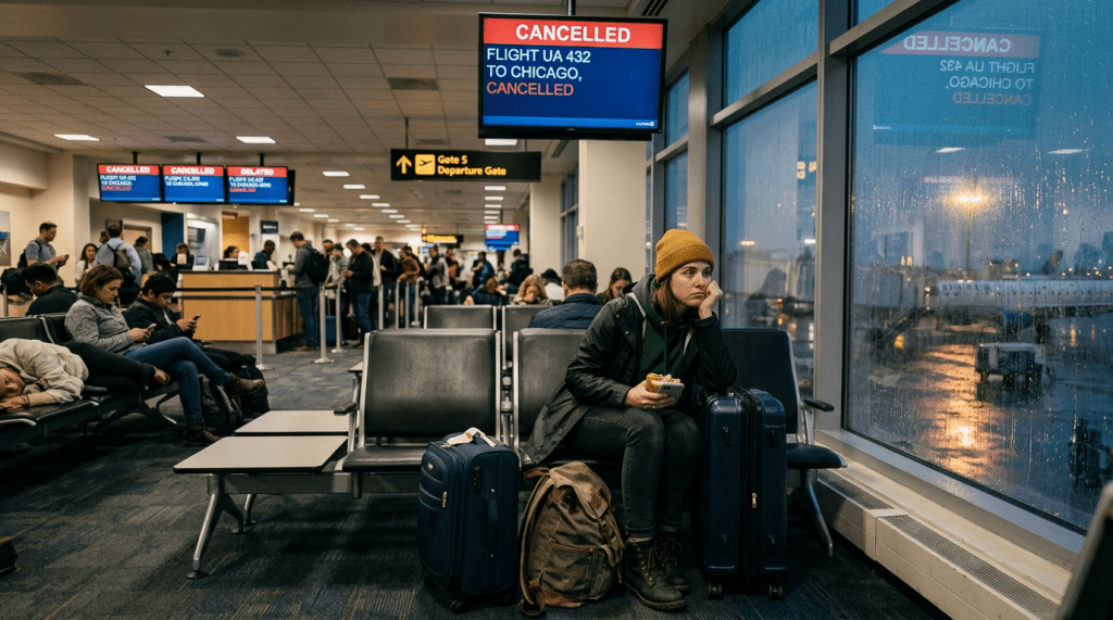A woman sitting in an airport terminal next to two suitcases, looking worried with a cancelled flight notice on the screen