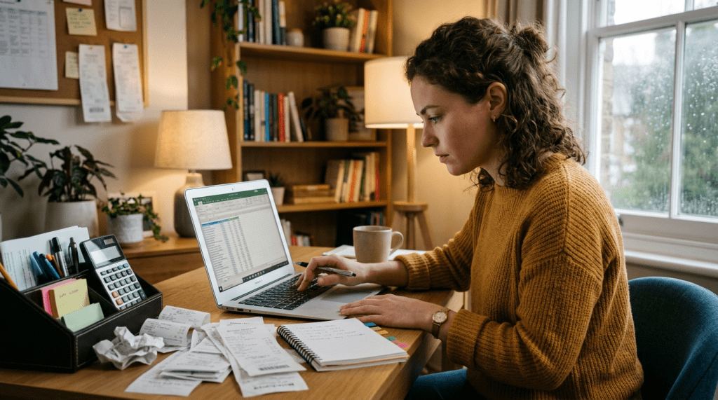 Woman sitting at wooden desk using laptop with receipts and notebook for budgeting