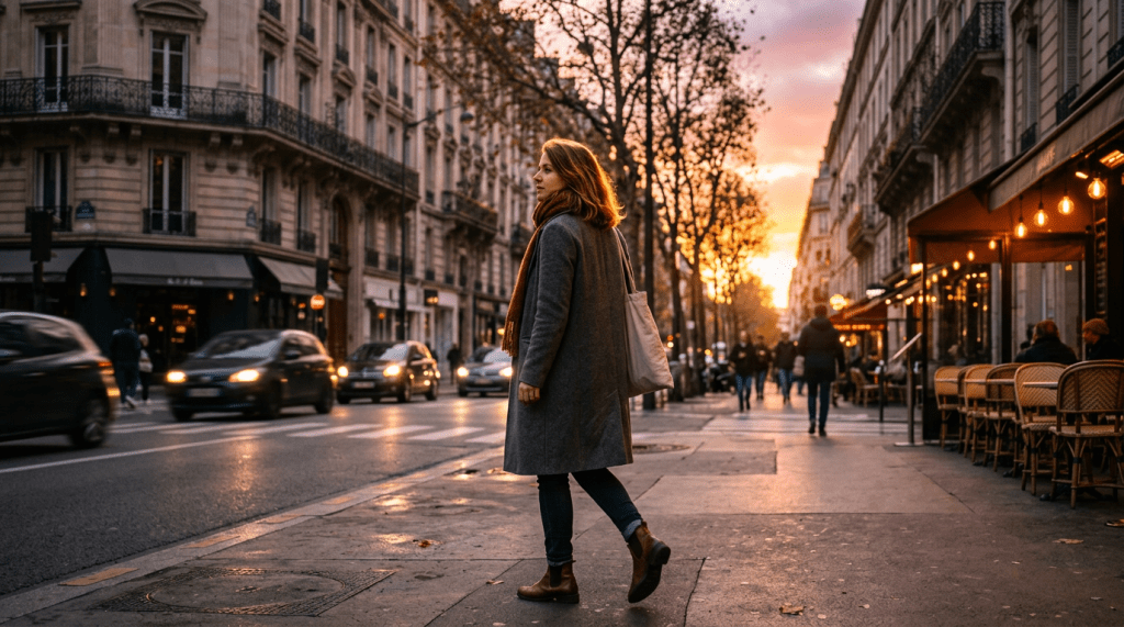 Woman walking city street at sunset