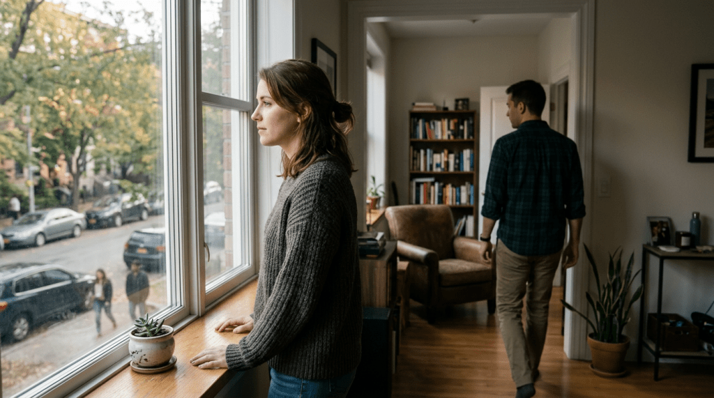 Woman gazing out window in an apartment as man walks through room