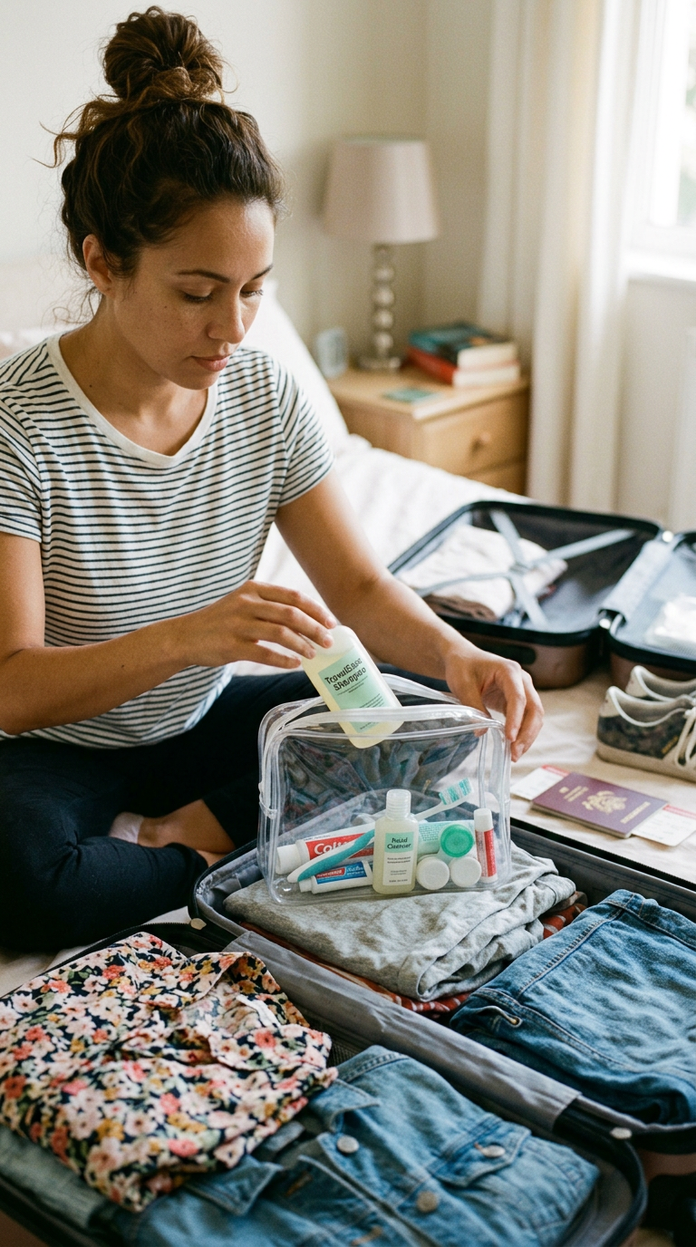 Woman placing small bottles of toiletries into a clear plastic bag inside a suitcase.