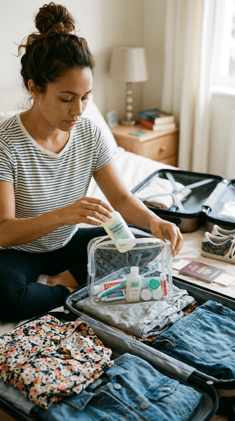 Woman placing small bottles of toiletries into a clear plastic bag inside a suitcase.