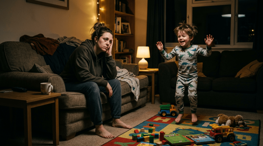 Tired mother sitting on couch with hand on face while child in dinosaur pajamas jumps on colorful play mat