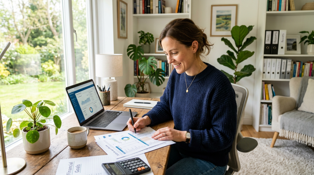 Woman working on financial reports with laptop and calculator in home office