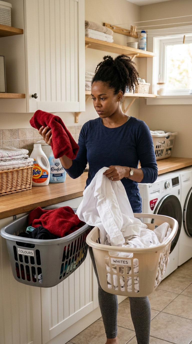 Woman holding laundry baskets labeled Colours and Whites in laundry room