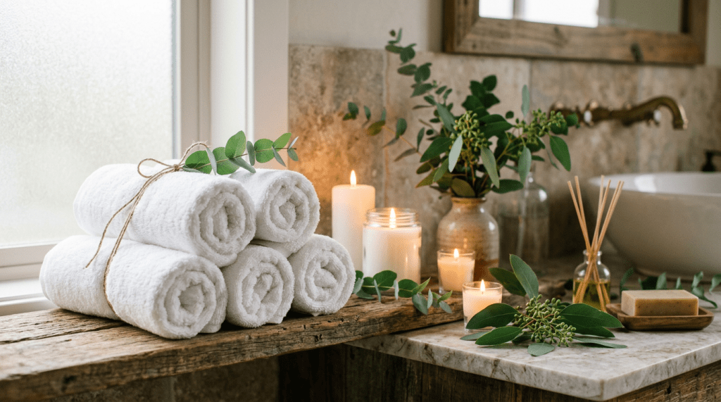 Rolled white towels tied with twine next to lit candles and green leaves on a rustic wooden surface