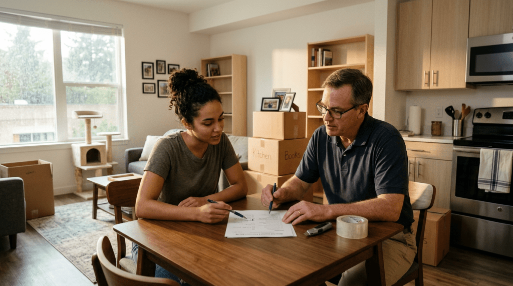 Two people sitting at a table reviewing a checklist with moving boxes around