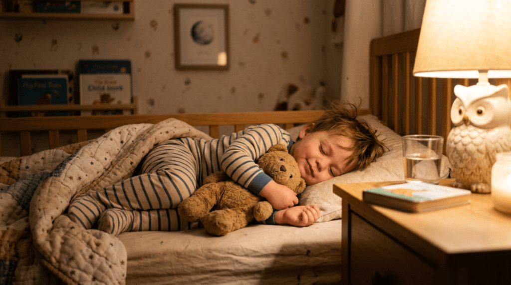 Child in striped pajamas sleeping in bed holding a teddy bear