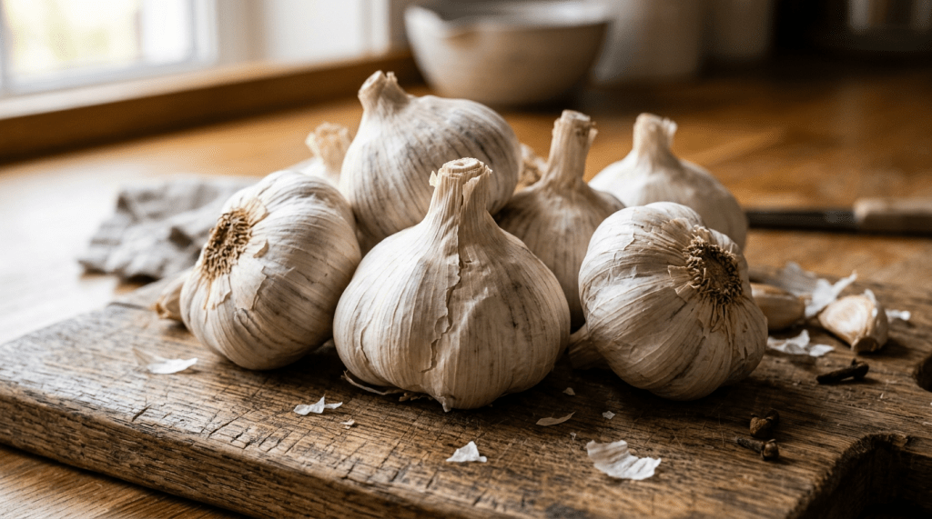 Fresh whole garlic bulbs on wooden cutting board with garlic skins