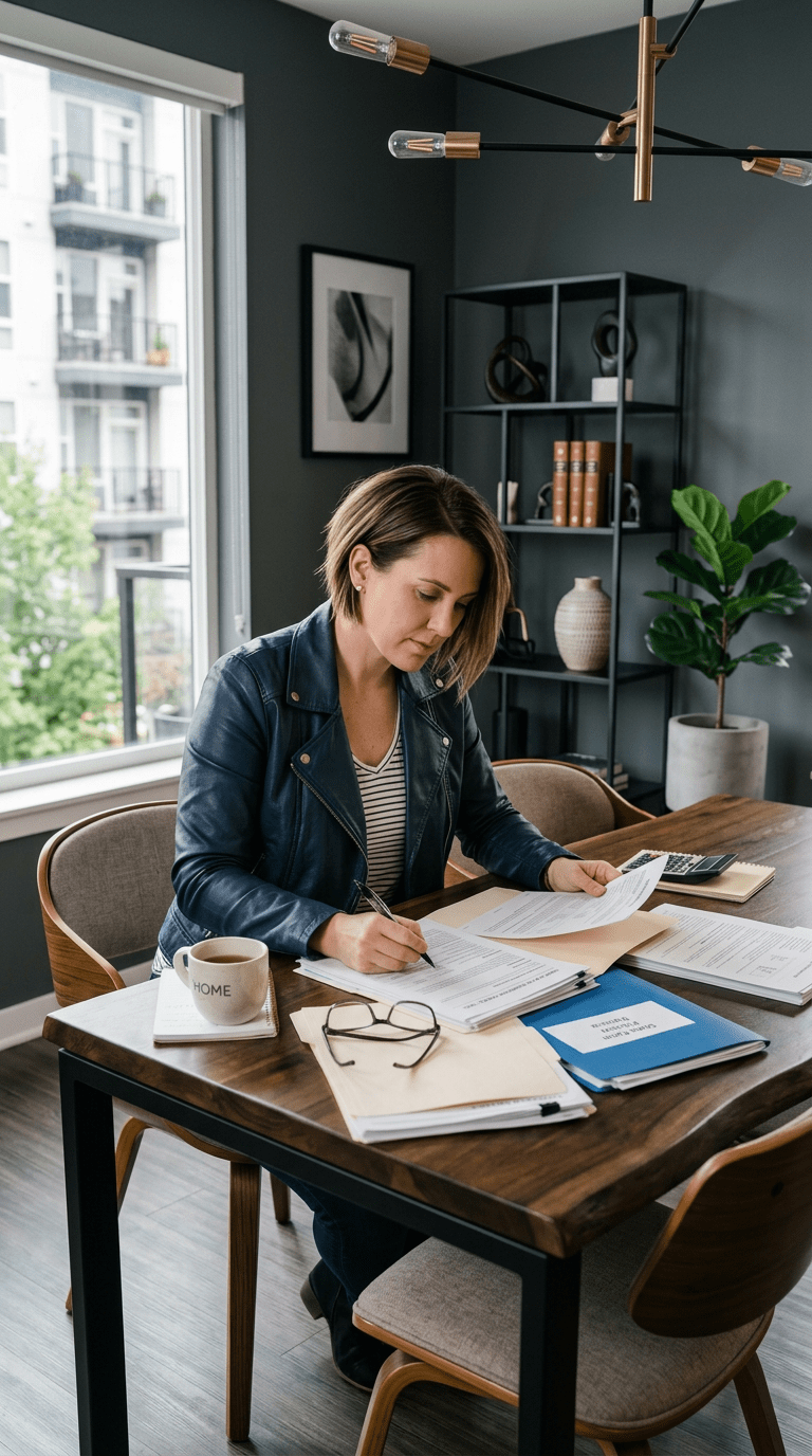Woman sitting at a wooden table reviewing bills and paperwork with a pen in hand