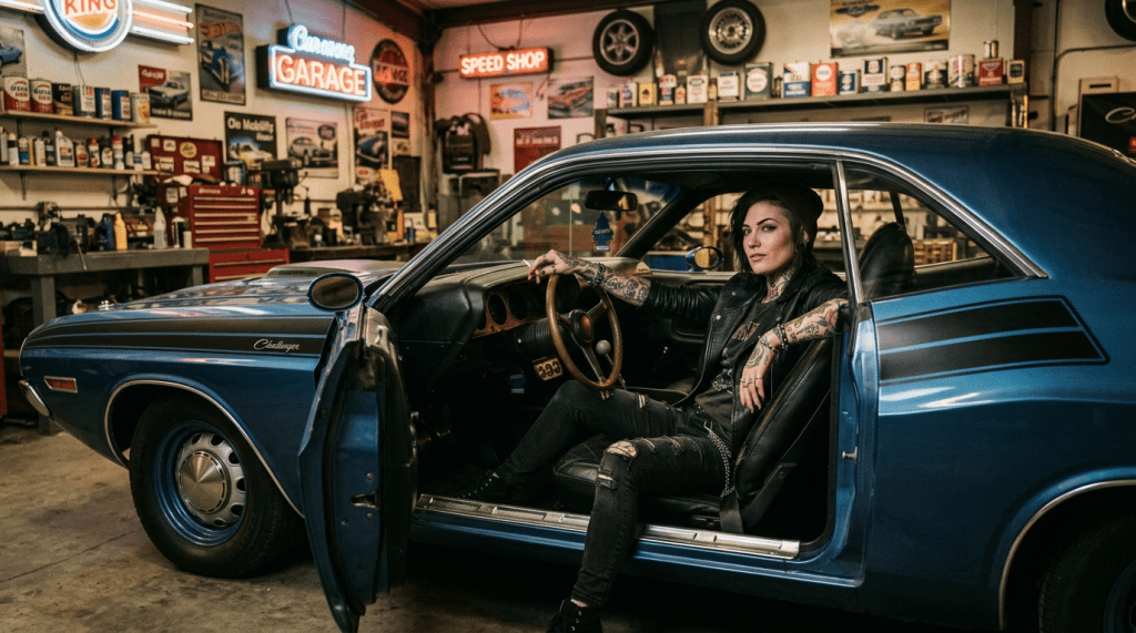 Tattooed woman sitting in the driver's seat of a vintage blue car in a garage