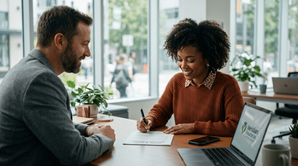 Woman signing insurance document while talking with male advisor