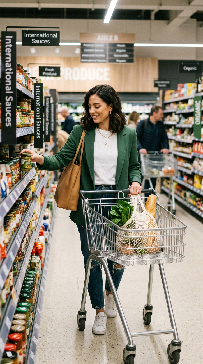 Woman selecting a jar of sauce from the International Sauces aisle in a grocery store