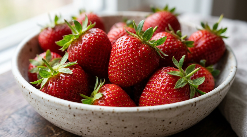 Bowl of fresh red strawberries with green leaves