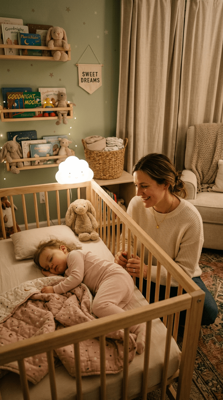 Toddler sleeping in crib with mother watching nearby in cozy nursery