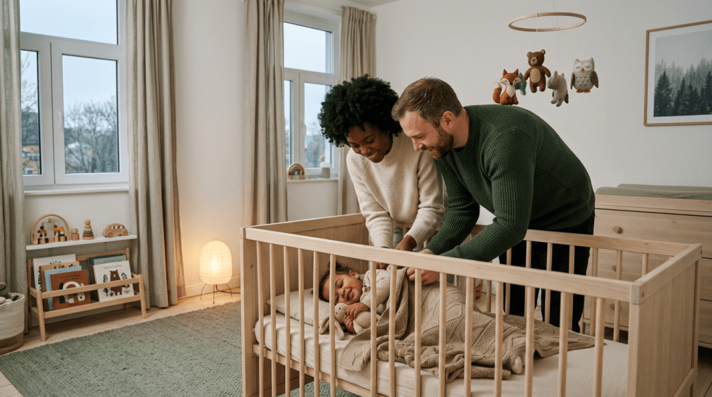 Parents putting baby to sleep in a wooden crib with a beige blanket