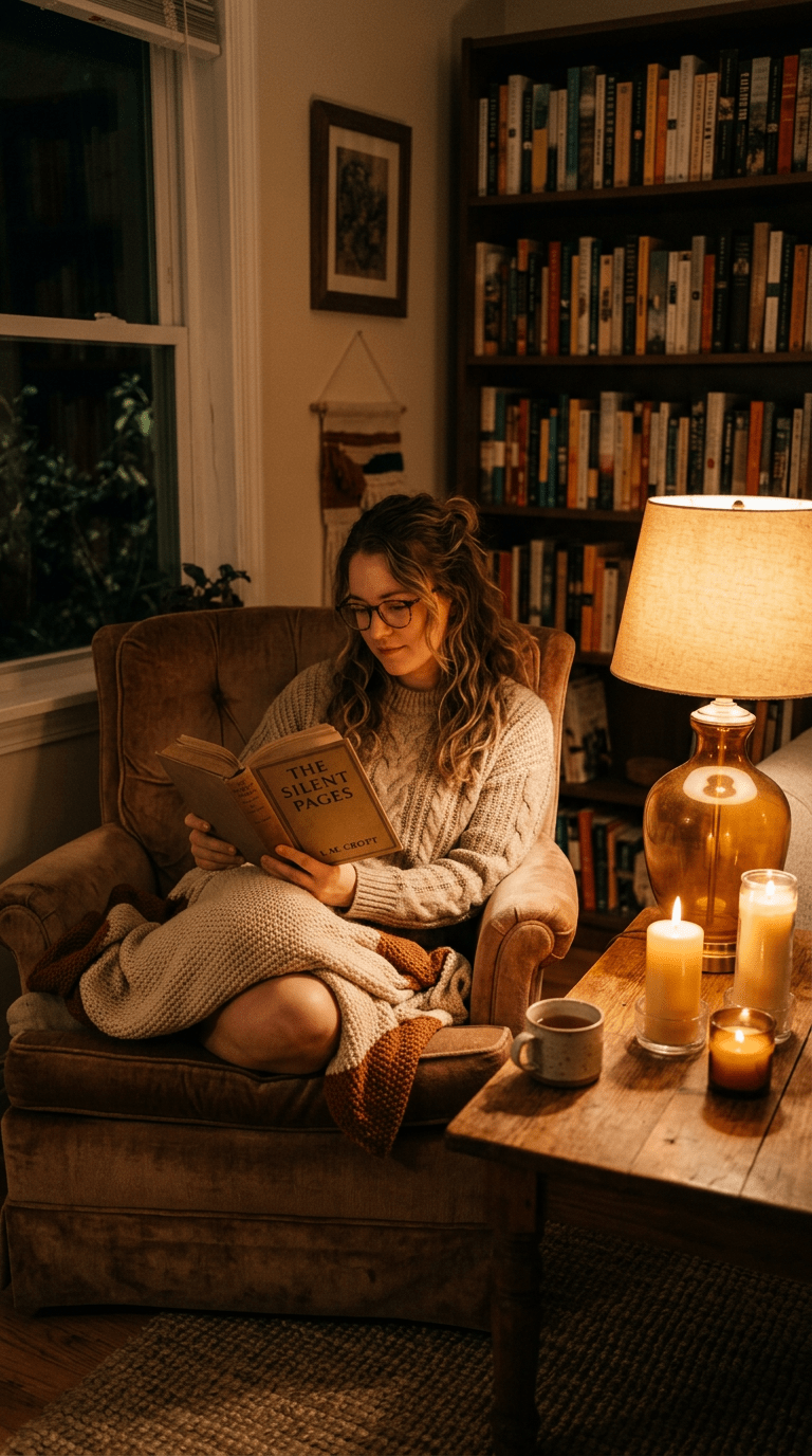 Woman reading a book titled The Silent Pages in a cozy armchair with warm lighting