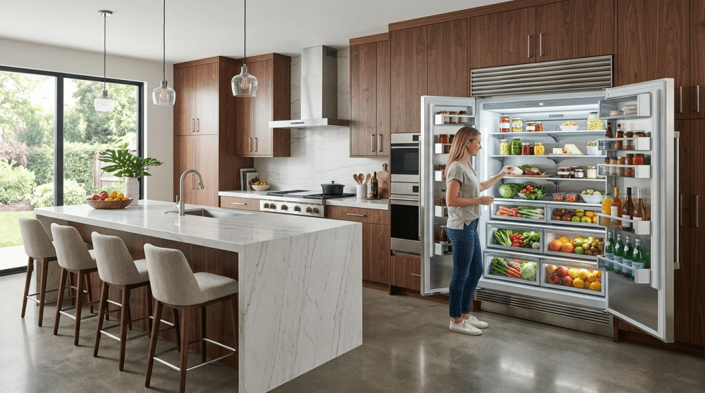 Woman taking food from an open large refrigerator in a modern kitchen with wooden cabinets and a marble island