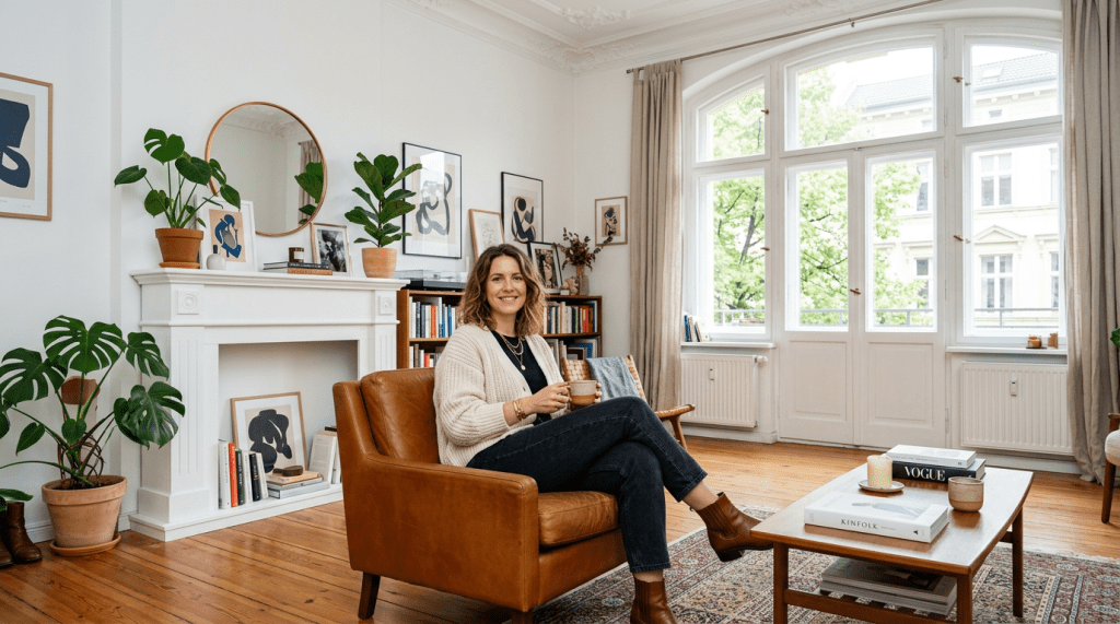 Woman sitting on a leather armchair in a bright living room with plants and art