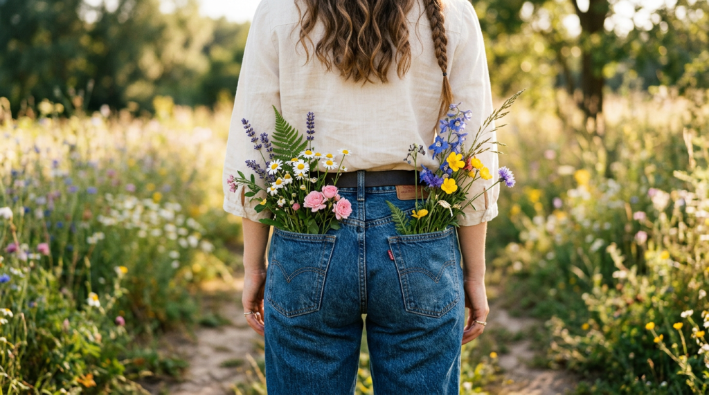 Person with wildflowers tucked into back pockets of blue jeans standing in a sunny wildflower field.