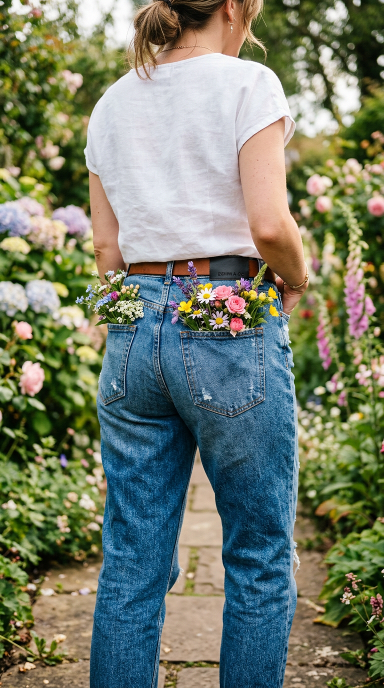 Modern jeans back view with flowers in pockets
